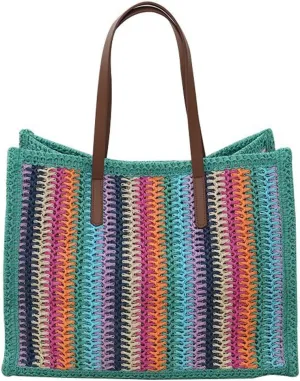 Rungion Womens Colorful Straw Tote Bag Woven Large Striped Beach Top Handle Handbag Summer Vacation Shoulder Purse