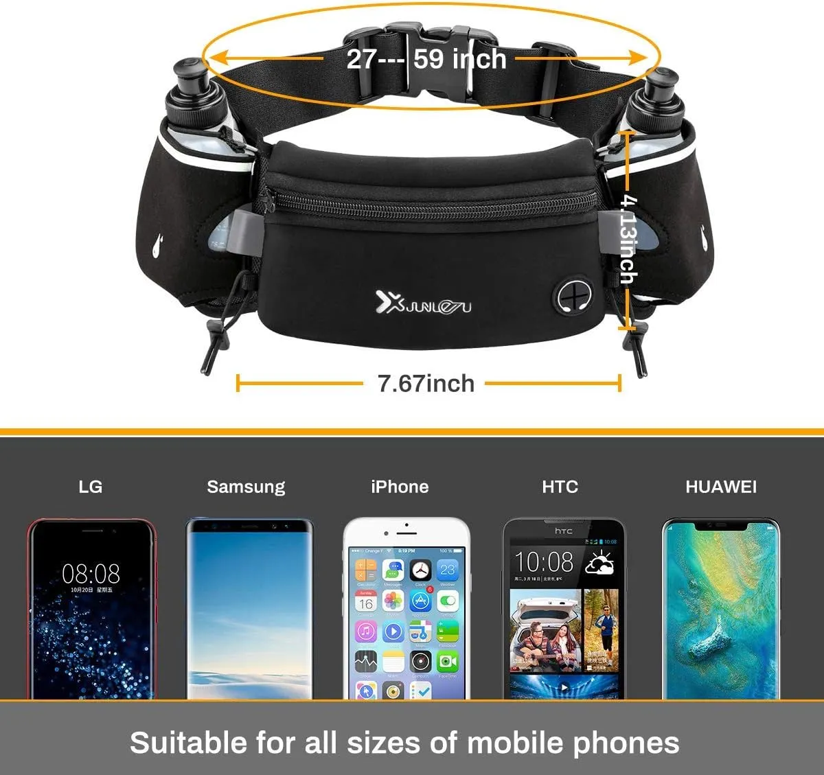 Running Belt with Water Bottles(2 x 175ML), Hydration Belt Waterproof Waist Pack Bag Fits iPhones Adjustable Sports Waist Pouch for Marathon Running Hiking Cycling, Black