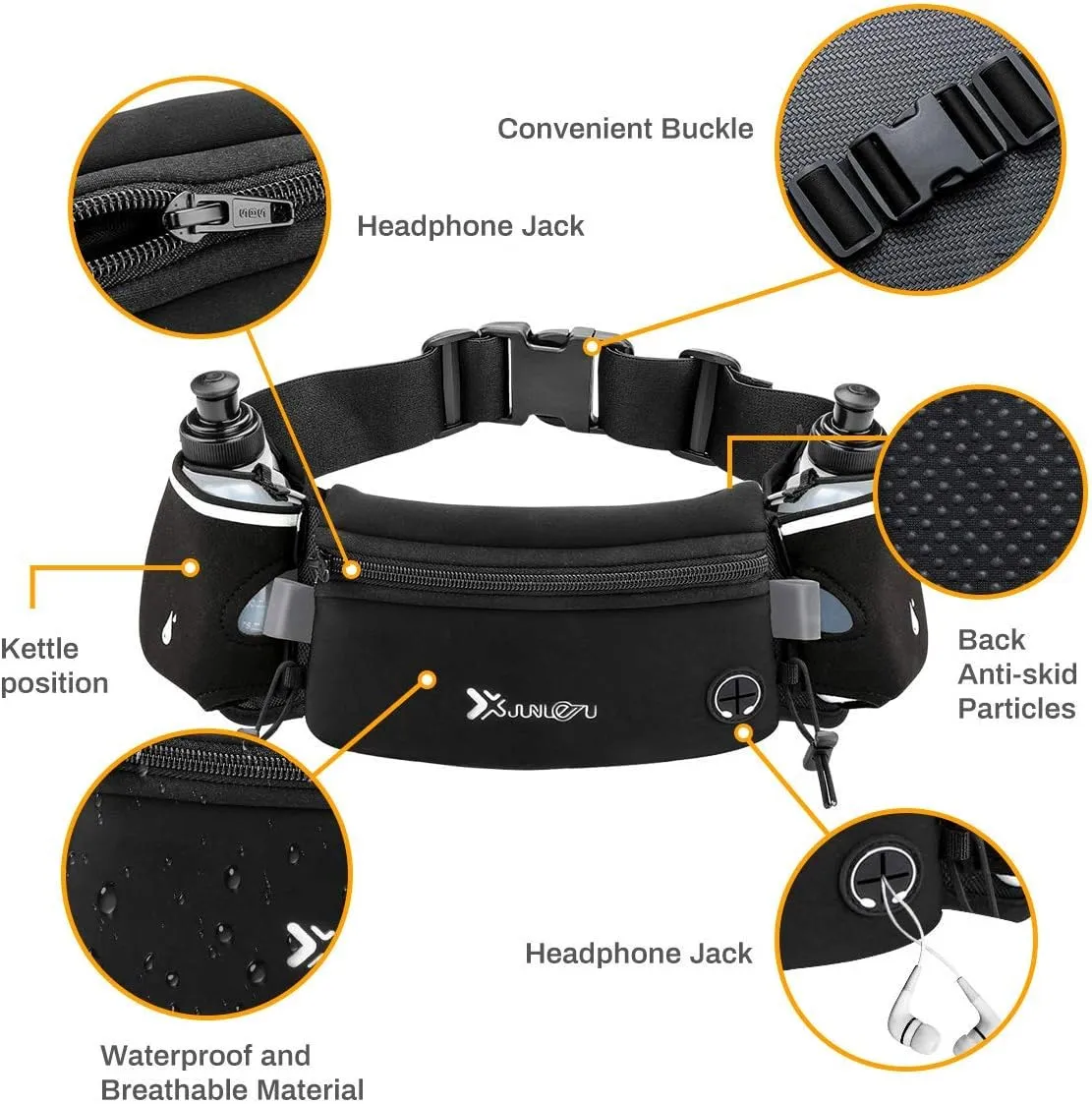 Running Belt with Water Bottles(2 x 175ML), Hydration Belt Waterproof Waist Pack Bag Fits iPhones Adjustable Sports Waist Pouch for Marathon Running Hiking Cycling, Black