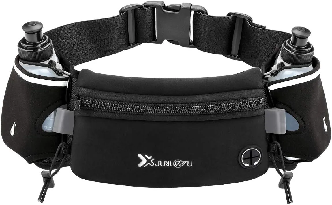 Running Belt with Water Bottles(2 x 175ML), Hydration Belt Waterproof Waist Pack Bag Fits iPhones Adjustable Sports Waist Pouch for Marathon Running Hiking Cycling, Black