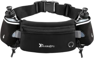 Running Belt with Water Bottles(2 x 175ML), Hydration Belt Waterproof Waist Pack Bag Fits iPhones Adjustable Sports Waist Pouch for Marathon Running Hiking Cycling, Black