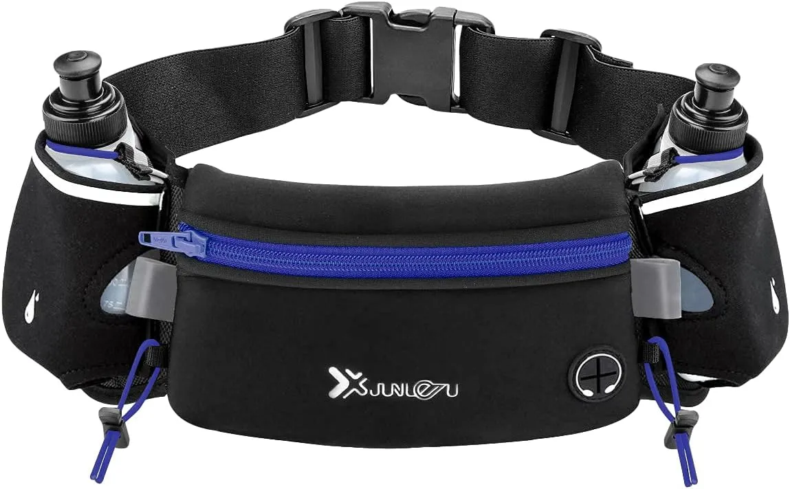 Running Belt with Water Bottles(2 x 175ML), Hydration Belt Waterproof Waist Pack Bag Fits iPhones Adjustable Sports Waist Pouch for Marathon Running Hiking Cycling,Blue