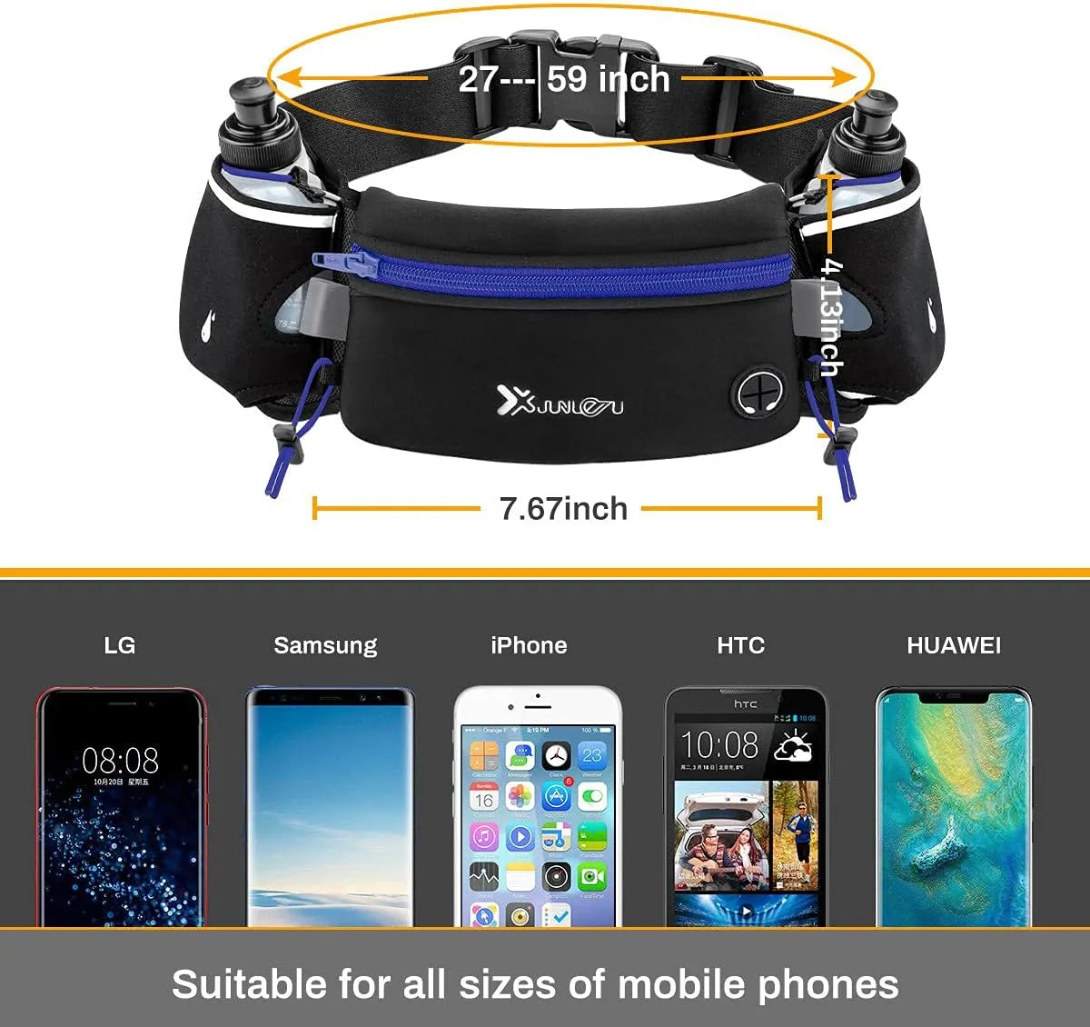 Running Belt with Water Bottles(2 x 175ML), Hydration Belt Waterproof Waist Pack Bag Fits iPhones Adjustable Sports Waist Pouch for Marathon Running Hiking Cycling,Blue