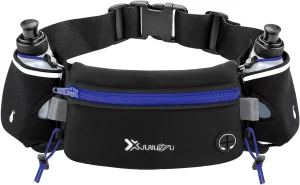 Running Belt with Water Bottles(2 x 175ML), Hydration Belt Waterproof Waist Pack Bag Fits iPhones Adjustable Sports Waist Pouch for Marathon Running Hiking Cycling,Blue