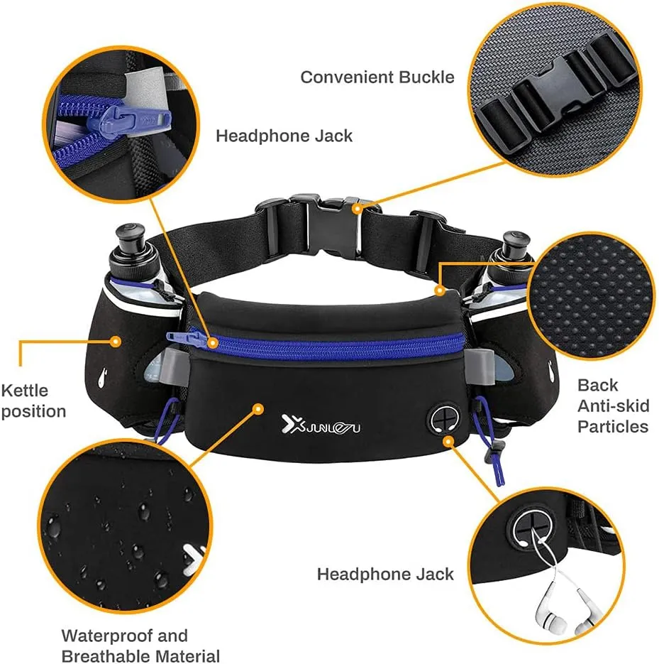 Running Belt with Water Bottles(2 x 175ML), Hydration Belt Waterproof Waist Pack Bag Fits iPhones Adjustable Sports Waist Pouch for Marathon Running Hiking Cycling,Blue