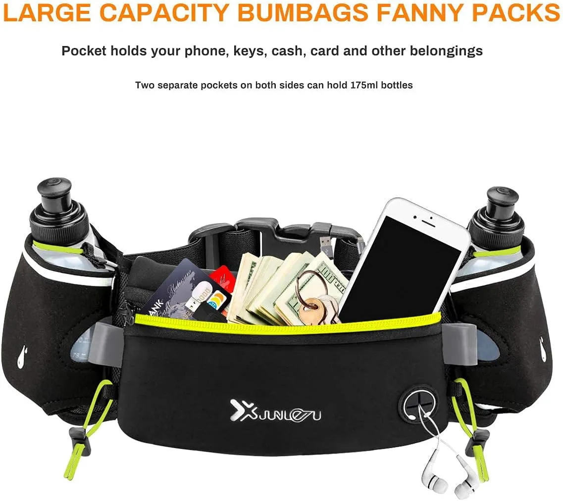 Running Belt with Water Bottles(2 x 175ML), Hydration Belt Waterproof Waist Pack Bag Fits iPhones Adjustable Sports Waist Pouch for Marathon Running Hiking Cycling,Green