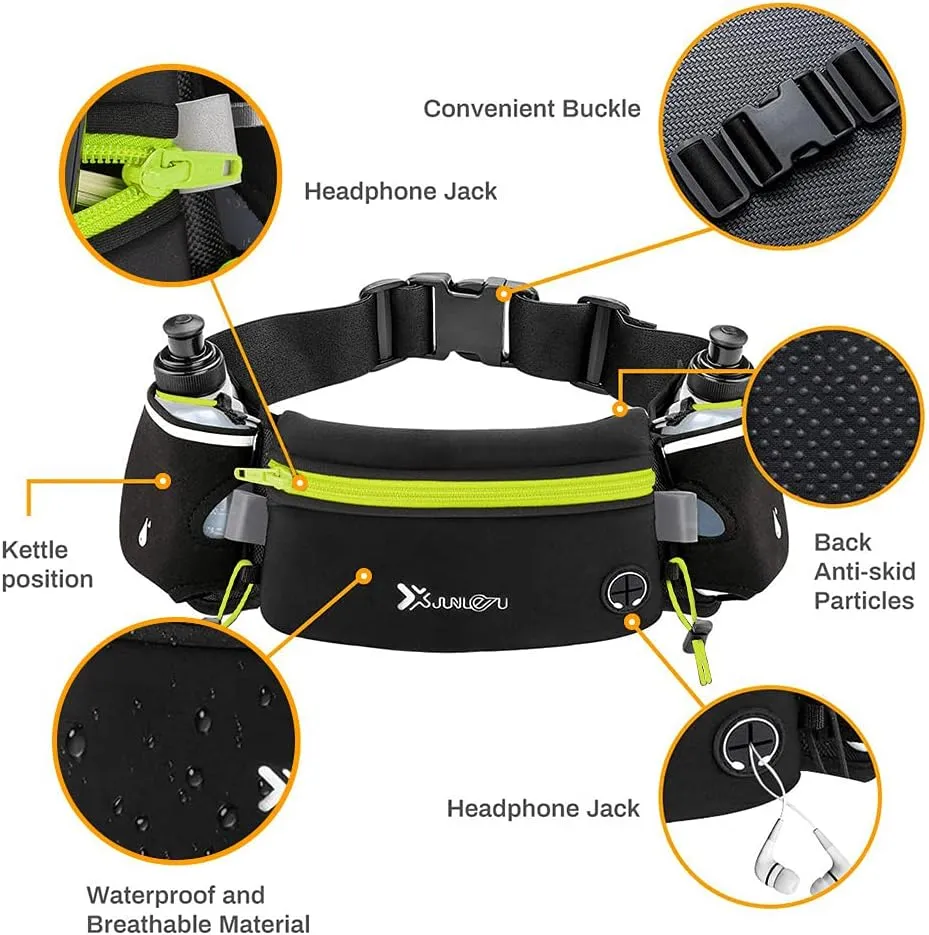 Running Belt with Water Bottles(2 x 175ML), Hydration Belt Waterproof Waist Pack Bag Fits iPhones Adjustable Sports Waist Pouch for Marathon Running Hiking Cycling,Green