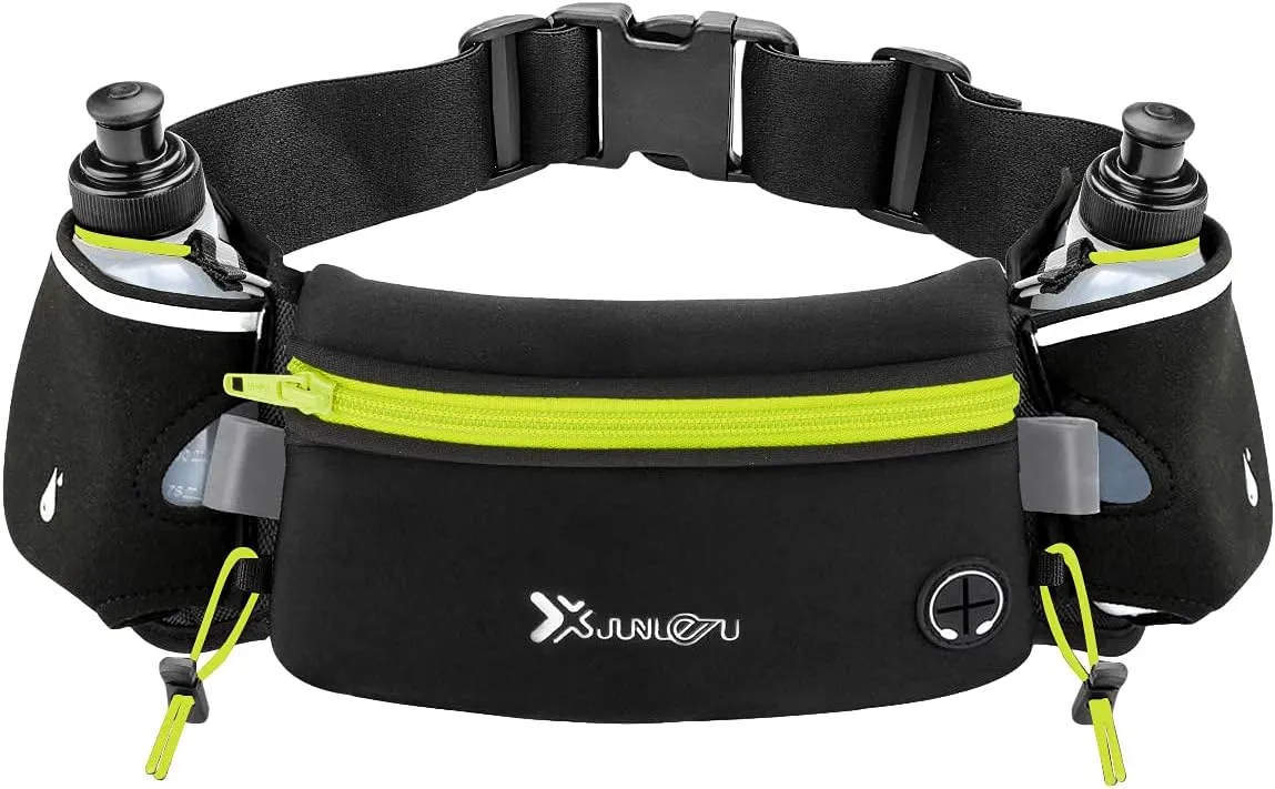 Running Belt with Water Bottles(2 x 175ML), Hydration Belt Waterproof Waist Pack Bag Fits iPhones Adjustable Sports Waist Pouch for Marathon Running Hiking Cycling,Green