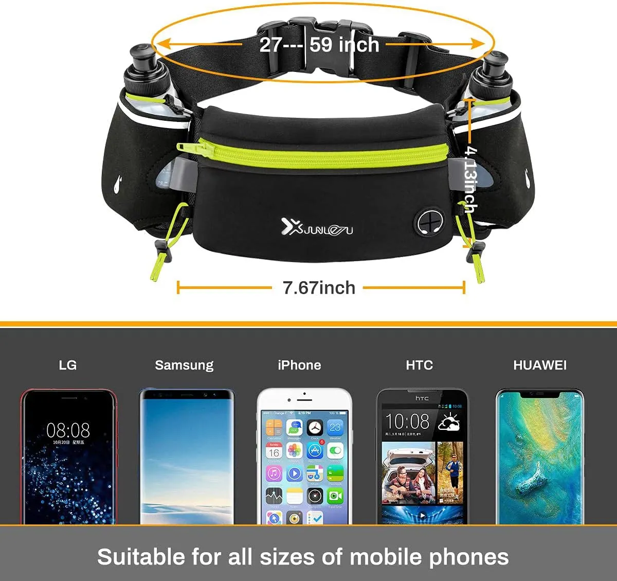 Running Belt with Water Bottles(2 x 175ML), Hydration Belt Waterproof Waist Pack Bag Fits iPhones Adjustable Sports Waist Pouch for Marathon Running Hiking Cycling,Green