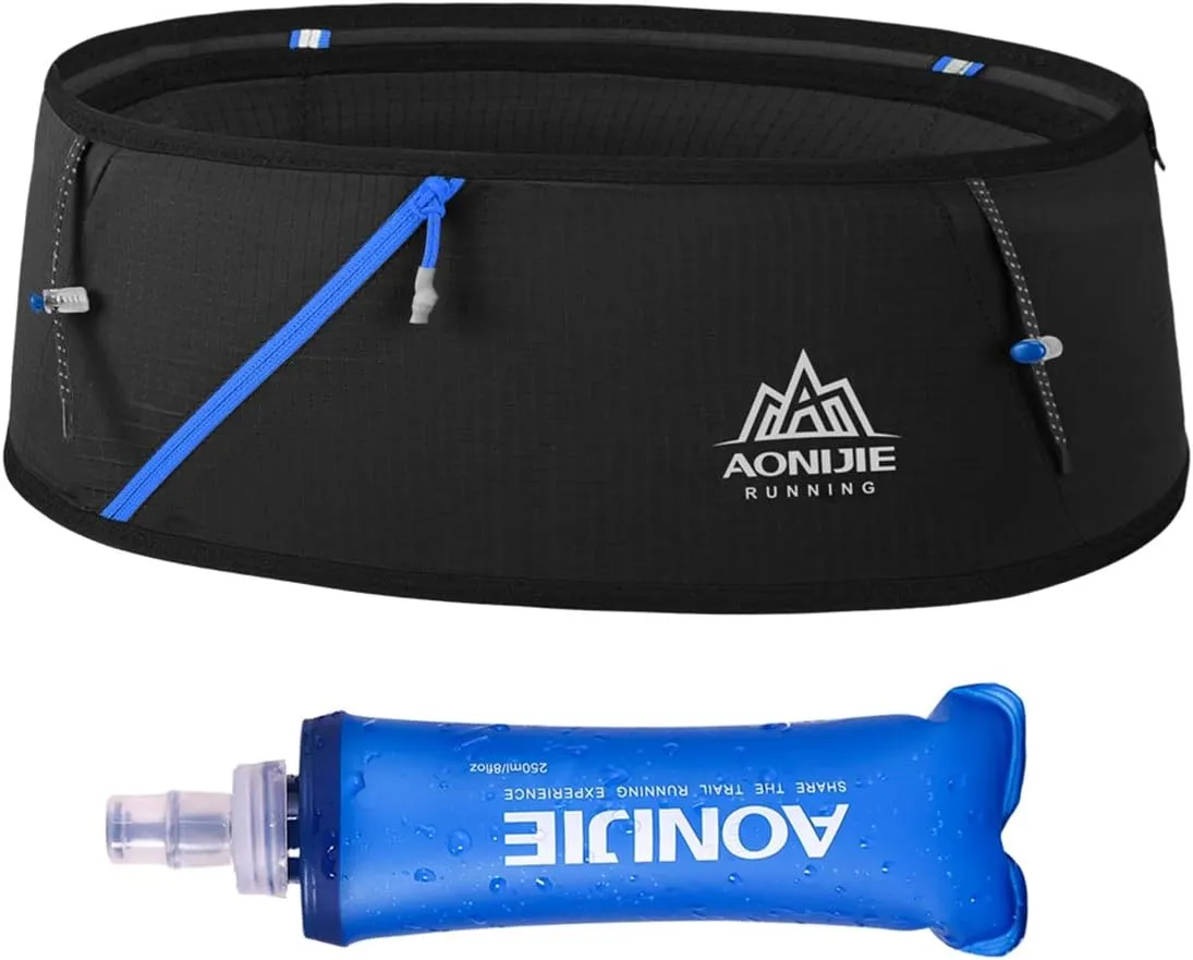 Running Pouch Belt Waist Pack Fanny Bag with 250ml Soft Water Bottle, Bounce Free Fashion Workout Jogging Travelling Money Pocket Belt for Women (Black, Small Size)