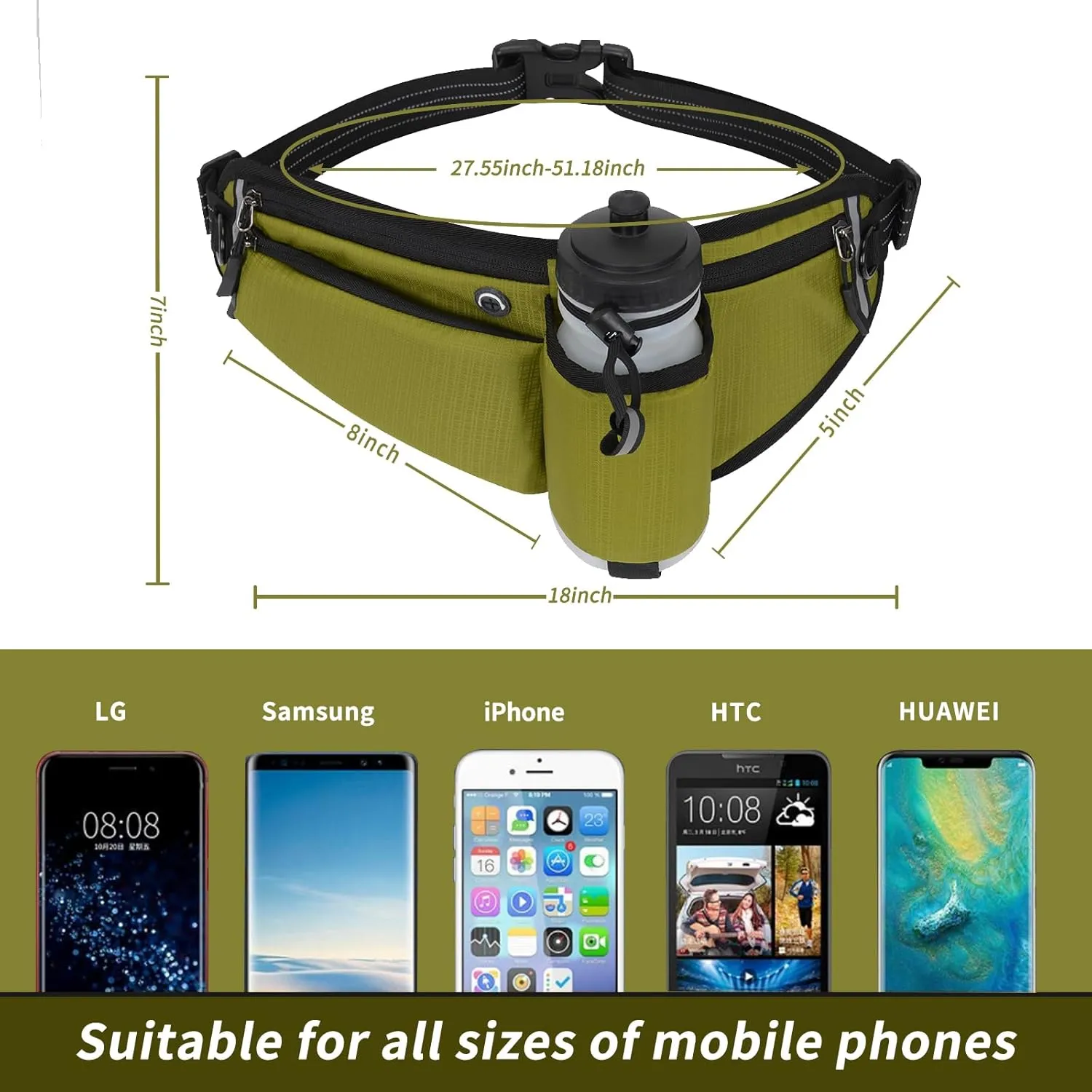 Running Waist Pack,Adjustable Hydration Running Belt Bag with Foldable Water Bottle Holder(Bottles NOT Included),Water Resistant Pouch Pack,for Marathon,Jogging, Cycling,Biking,Hiking (green)