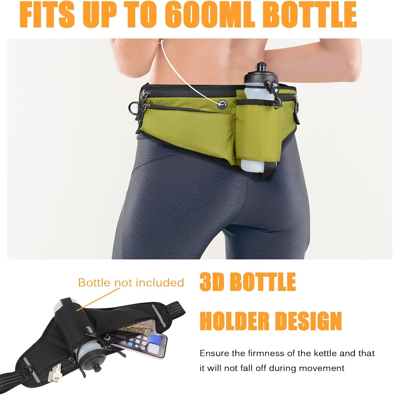 Running Waist Pack,Adjustable Hydration Running Belt Bag with Foldable Water Bottle Holder(Bottles NOT Included),Water Resistant Pouch Pack,for Marathon,Jogging, Cycling,Biking,Hiking (green)