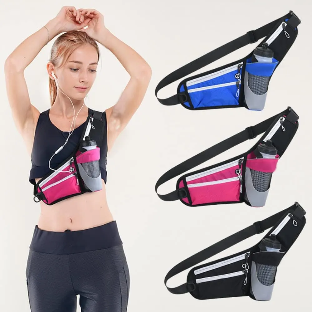 Running Waist Packs Large Crossbody Fanny Pack with 3 Zipper Pockets & a Bottle Pocket Enjoy Sports Workout Traveling Running Casual Hands Free Waist Pack for Gifts Phone Bag (NOTincluded Bottle)Black