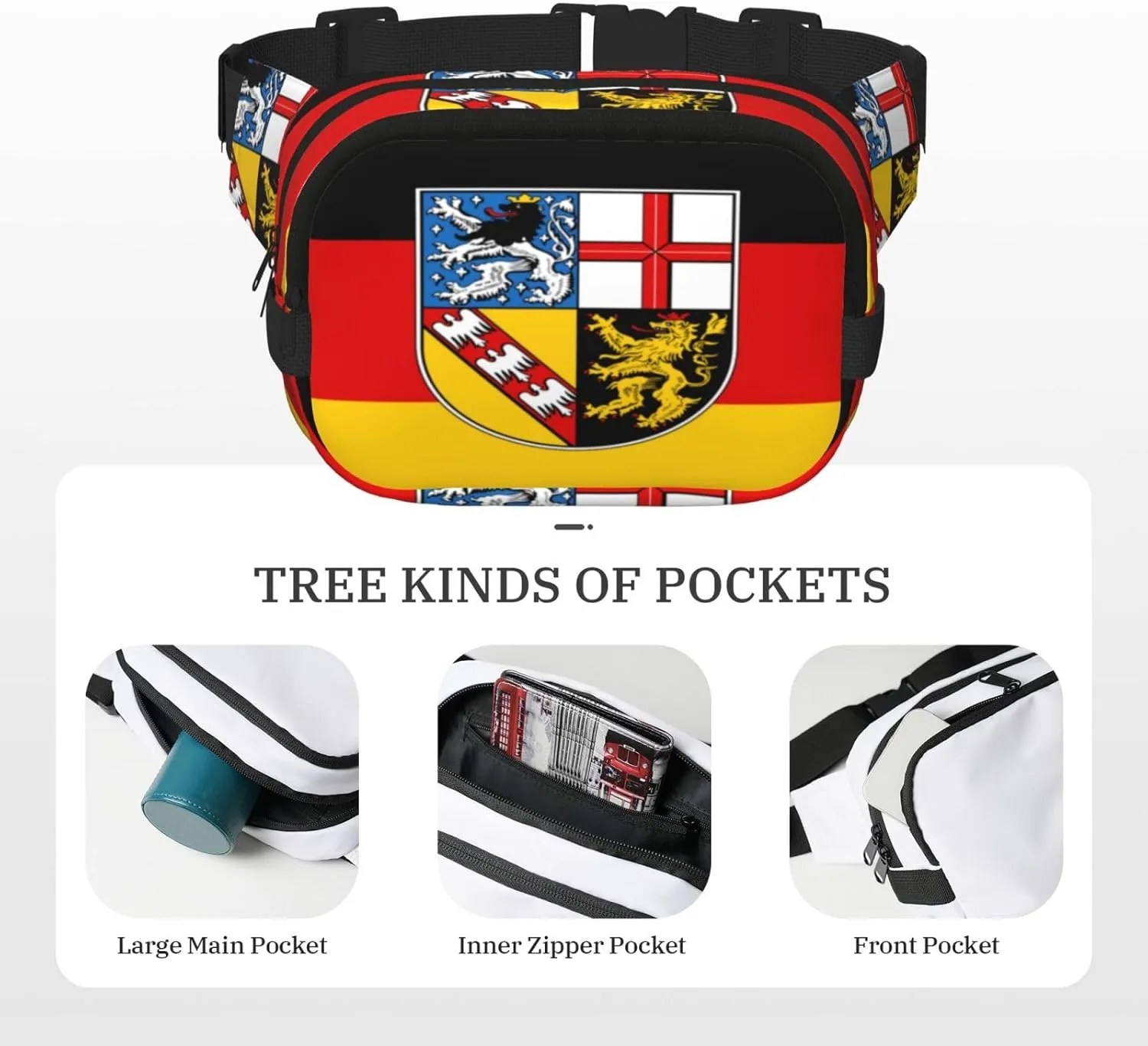 Saarland flags Square double - layer fanny pack with adjustable shoulder strap - travelling fanny pack - perfect for outdoor sports