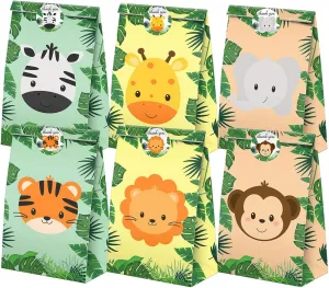 Safari Goodie Bags-24 Pcs Jungle Party Favors Candy Bags with Stickers, Jungle Goody Gift Treat Bags Safari Themed Birthday Party Supplies