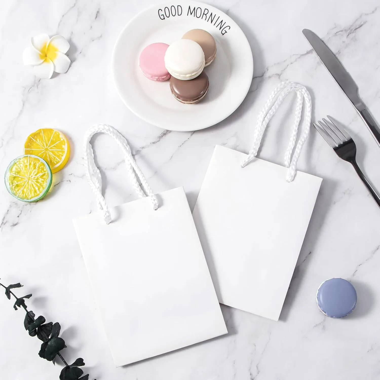 Sdootjewelry White Gift Bags, 50 Pcs Kraft Paper Gift Bags Bulk with Handles, 5.1 x 2.4 x 7.5" Matte Tote Paper Bags, Shopping Bags, Retail Bags, Party Bags