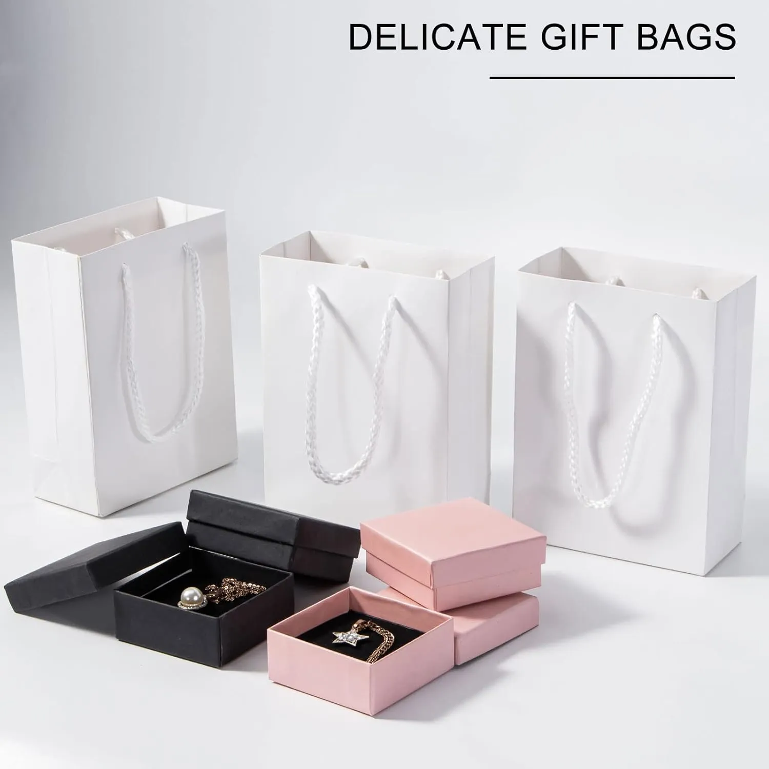 Sdootjewelry White Gift Bags, 50 Pcs Kraft Paper Gift Bags Bulk with Handles, 5.1 x 2.4 x 7.5" Matte Tote Paper Bags, Shopping Bags, Retail Bags, Party Bags