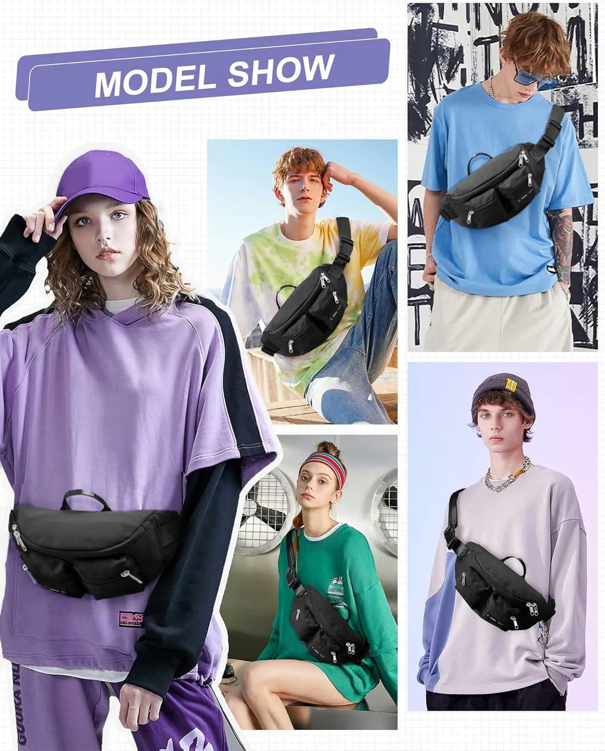 SEAFEW Black Fanny Packs for Women Men, Belt Bag with Mult Zipper Pockets, Waterproof Crossbody Bag, Fashion Waist Packs with Adjustable Long Strap for Workout Running Yoga Shopping Hiking