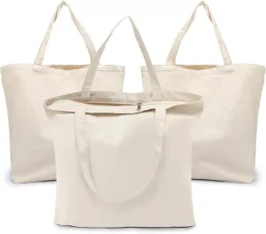 Segarty Blank Tote Canvas Bag with Zipper, 3 PC 19.7x15.7 inch Bags with Handles, 12 Oz Heavy Duty Reusable Washable Grocery Shopping Bags Plain Bags for Teacher DIY Art Craft Paint Embroidery