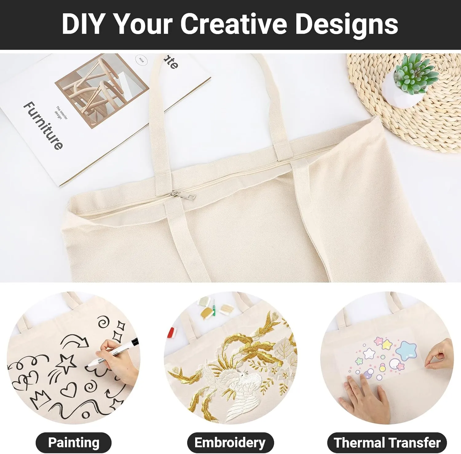 Segarty Blank Tote Canvas Bag with Zipper, 3 PC 19.7x15.7 inch Bags with Handles, 12 Oz Heavy Duty Reusable Washable Grocery Shopping Bags Plain Bags for Teacher DIY Art Craft Paint Embroidery
