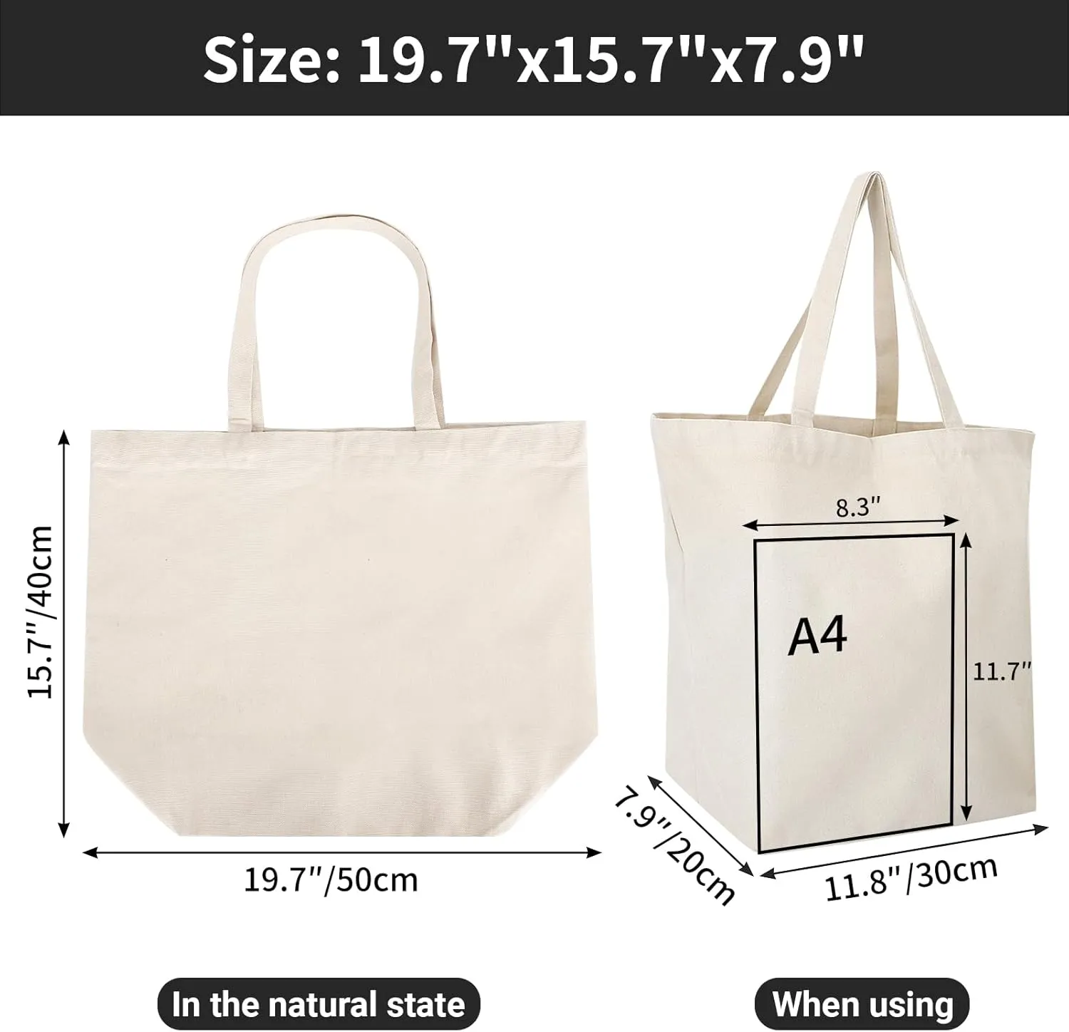 Segarty Blank Tote Canvas Bag with Zipper, 3 PC 19.7x15.7 inch Bags with Handles, 12 Oz Heavy Duty Reusable Washable Grocery Shopping Bags Plain Bags for Teacher DIY Art Craft Paint Embroidery
