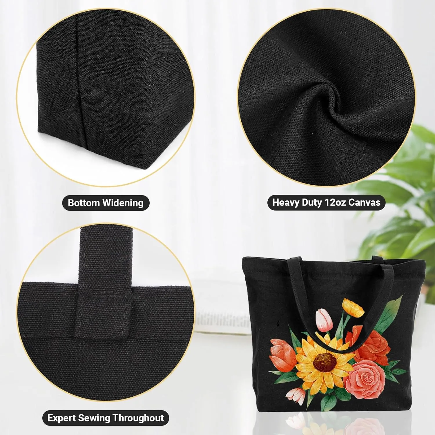 Segarty Canvas Tote Bag, 6 Pack 16x13 Reusable Grocery Shopping Bags Bulk for Women, Black Natural Cotton Large Canvas Tote for Beach Travel DIY Crafts, Plain Bags to Decorate Print