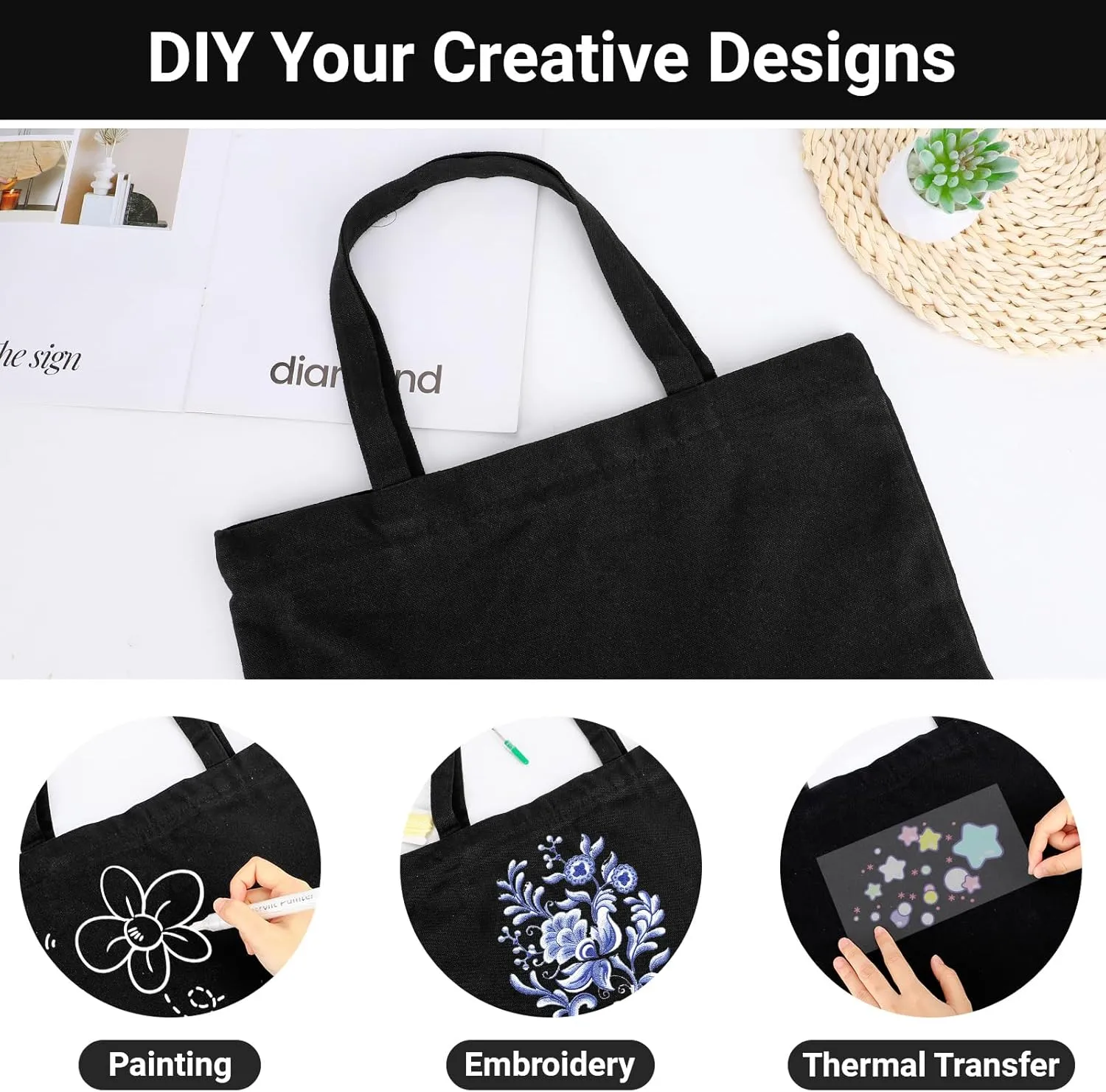 Segarty Canvas Tote Bag, 6 Pack 16x13 Reusable Grocery Shopping Bags Bulk for Women, Black Natural Cotton Large Canvas Tote for Beach Travel DIY Crafts, Plain Bags to Decorate Print