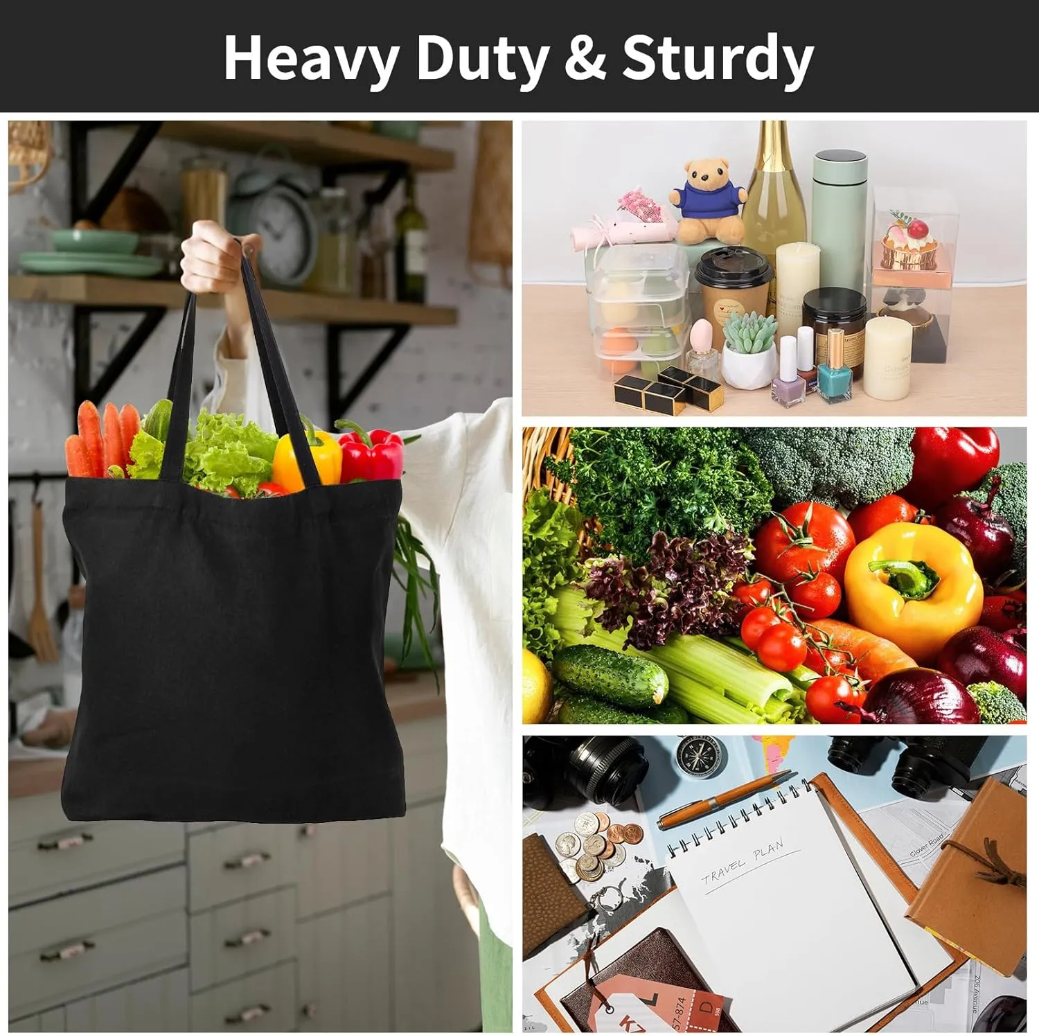 Segarty Canvas Tote Bag, 6 Pack 16x13 Reusable Grocery Shopping Bags Bulk for Women, Black Natural Cotton Large Canvas Tote for Beach Travel DIY Crafts, Plain Bags to Decorate Print