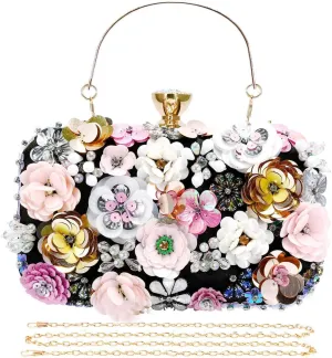 Selighting Colorful Flower Clutch Purse for Women Formal Evening Bag Beaded Pearl Purse for Wedding Prom Party Handbags