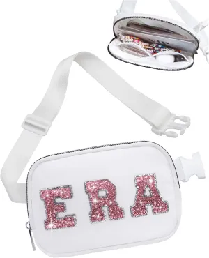 Sequins Letters Era Fanny Packs for Women Girls, Nylon Crossbody Bags Tour Trendy Stuff Gifts for Her, Singer Merch Everywhere Belt Bag Christmas Birthday Party Favors for Music Lovers Fans White