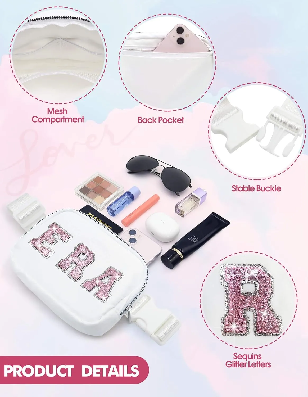 Sequins Letters Era Fanny Packs for Women Girls, Nylon Crossbody Bags Tour Trendy Stuff Gifts for Her, Singer Merch Everywhere Belt Bag Christmas Birthday Party Favors for Music Lovers Fans White