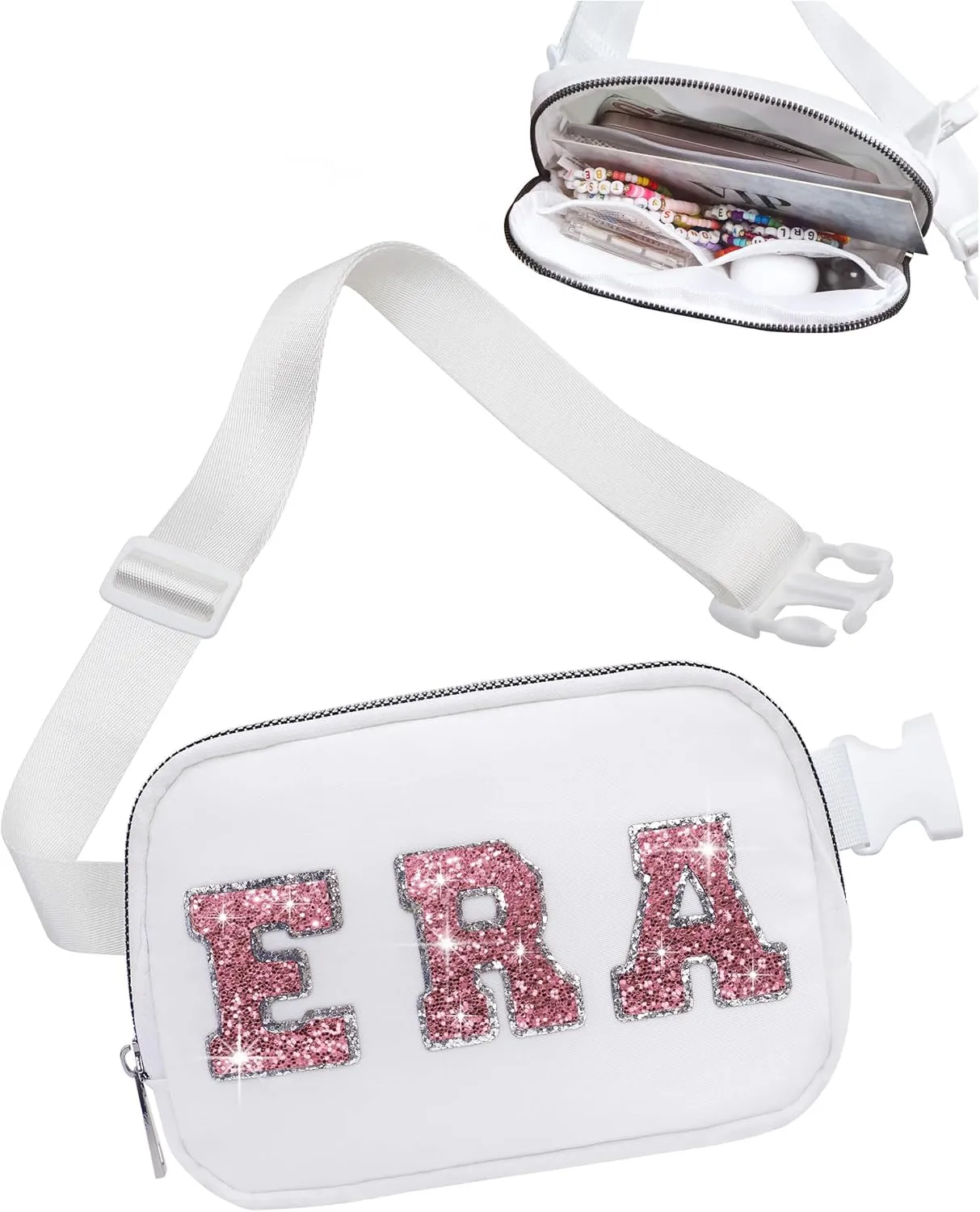 Sequins Letters Era Fanny Packs for Women Girls, Nylon Crossbody Bags Tour Trendy Stuff Gifts for Her, Singer Merch Everywhere Belt Bag Christmas Birthday Party Favors for Music Lovers Fans White