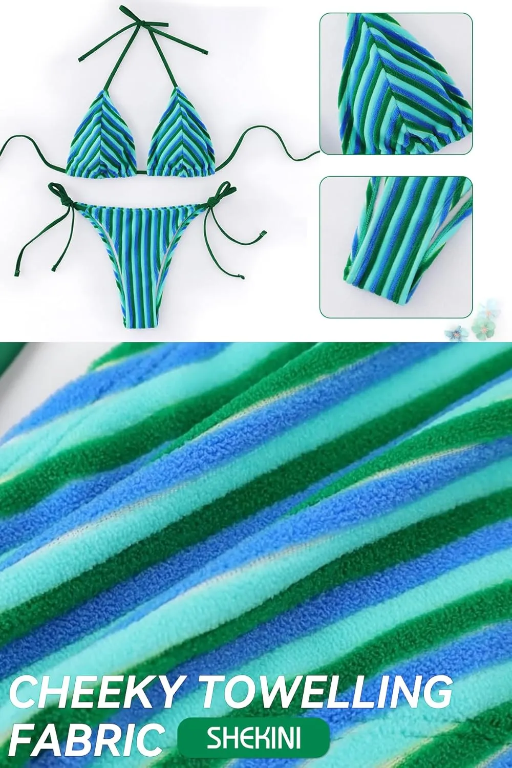 SHEKINI Towelling Fabric Triangle Bikini Sets for Women Cheeky Low Waist Two Piece Swimsuit Halter Women Bathing Suit