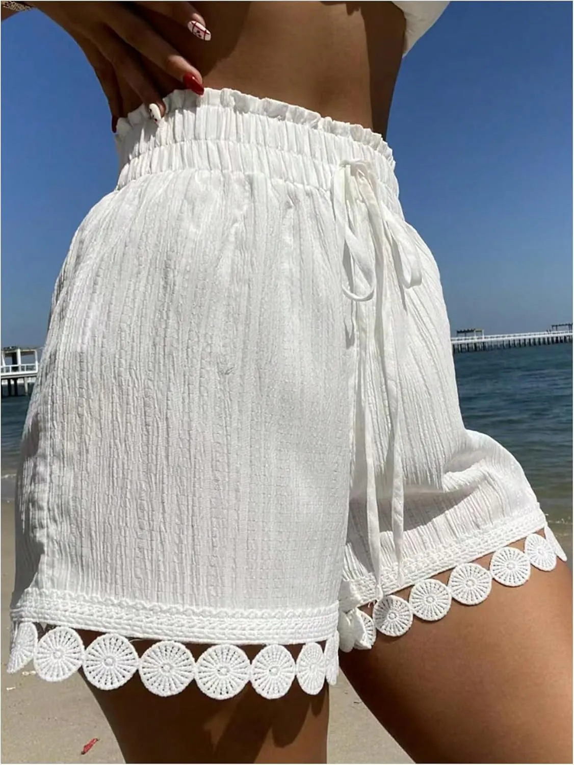 SHENHE Women's Summer Swimsuit Cover Up High Waisted Casual Beach Paper Bag Shorts Coverups