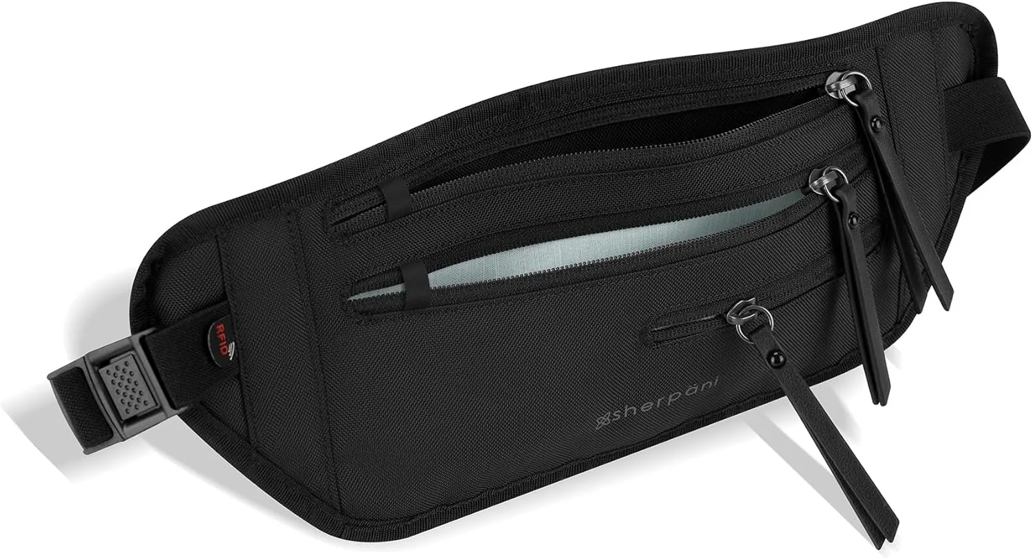 Sherpani Jett, Anti Theft Waist Pouch, Slim Money Belt Bag for Travel, Blocking Hidden Wallet Belt Bag, Secure Travel Pouch for Women, RFID Protection, Travel Gift for Mothers Day 2025 (Carbon)