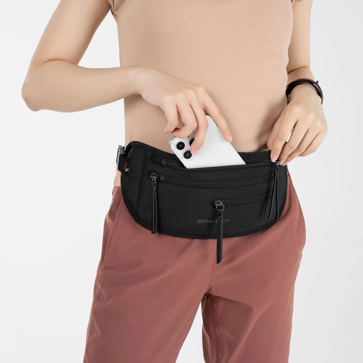 Sherpani Jett, Anti Theft Waist Pouch, Slim Money Belt Bag for Travel, Blocking Hidden Wallet Belt Bag, Secure Travel Pouch for Women, RFID Protection, Travel Gift for Mothers Day 2025 (Carbon)