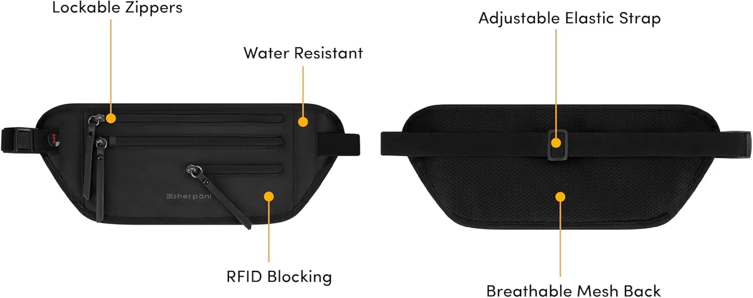 Sherpani Jett, Anti Theft Waist Pouch, Slim Money Belt Bag for Travel, Blocking Hidden Wallet Belt Bag, Secure Travel Pouch for Women, RFID Protection, Travel Gift for Mothers Day 2025 (Carbon)