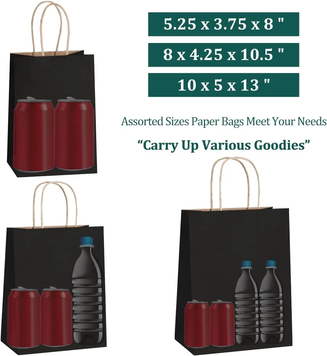 SHOPDAY 45Pcs Black Paper Bags with Handles, Assorted Sizes Gift Bags 5x3x8 & 8x4x10.5 & 10x5x13 15 Pcs Each Shopping Bags for Small Business Party