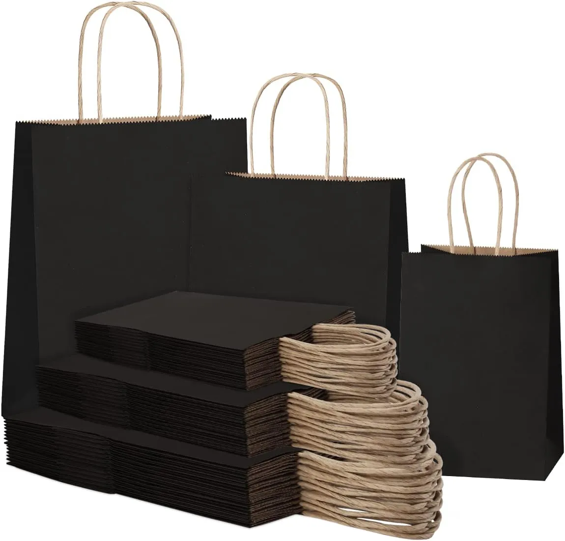 SHOPDAY 45Pcs Black Paper Bags with Handles, Assorted Sizes Gift Bags 5x3x8 & 8x4x10.5 & 10x5x13 15 Pcs Each Shopping Bags for Small Business Party