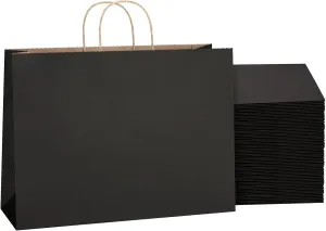 SHOPDAY Black Paper Bags with Handles - 16x6x12, 25 Pack Large Kraft Paper Tote Bags for Grocery, Takeouts & Gifts