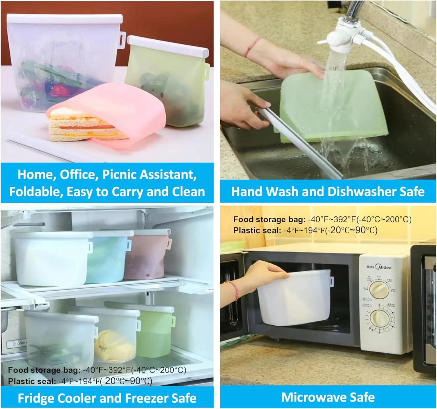 Silicone Reusable Food Storage Bags, Multi-Use Food Storage Bags, Lunch Bag, Travel Containers BPA Free, Leak-free, Freezer-Safe, Microwave-Safe, Dishwasher-Safe, Eco-friendly Set of 2 (Plain Green)