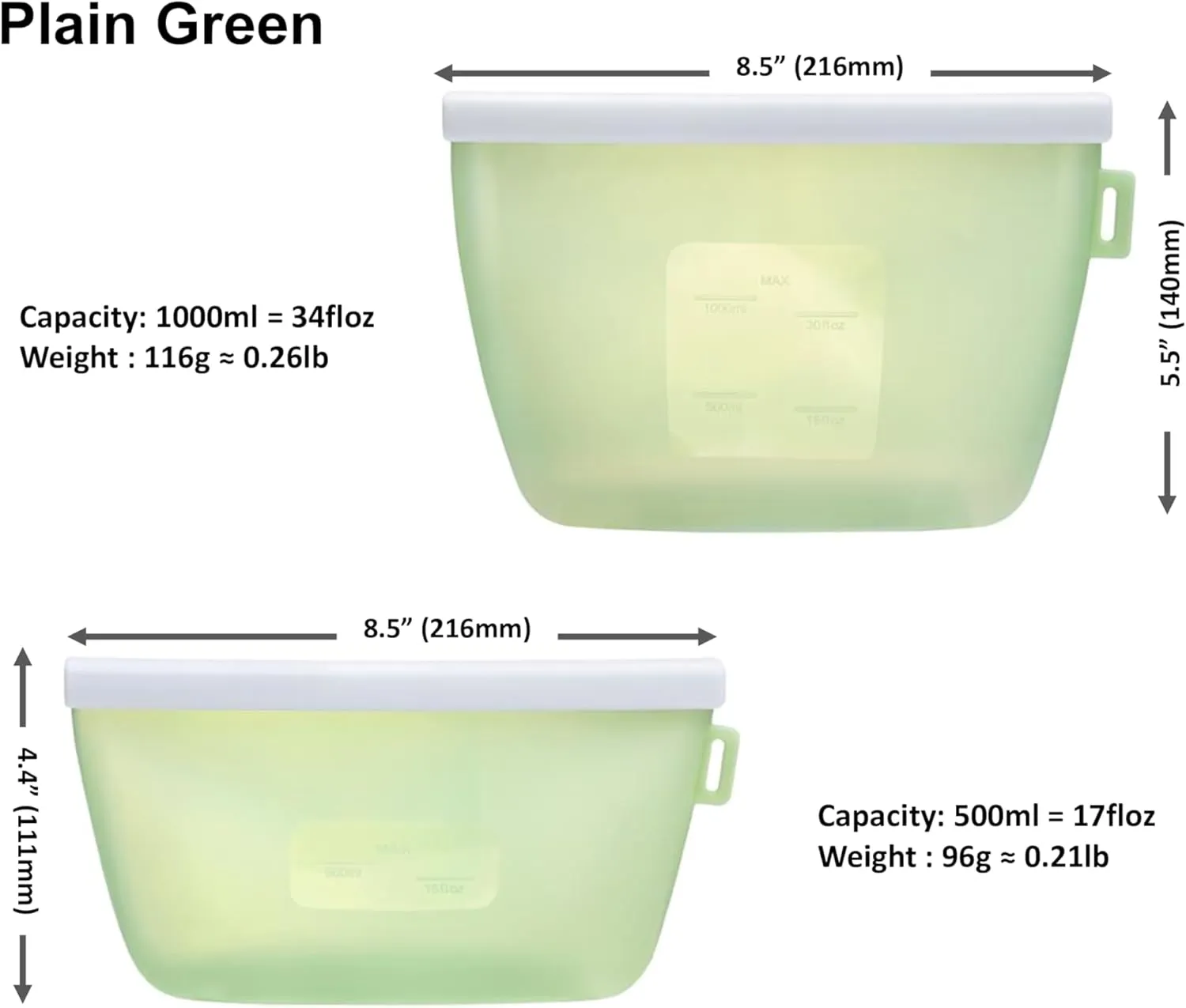 Silicone Reusable Food Storage Bags, Multi-Use Food Storage Bags, Lunch Bag, Travel Containers BPA Free, Leak-free, Freezer-Safe, Microwave-Safe, Dishwasher-Safe, Eco-friendly Set of 2 (Plain Green)