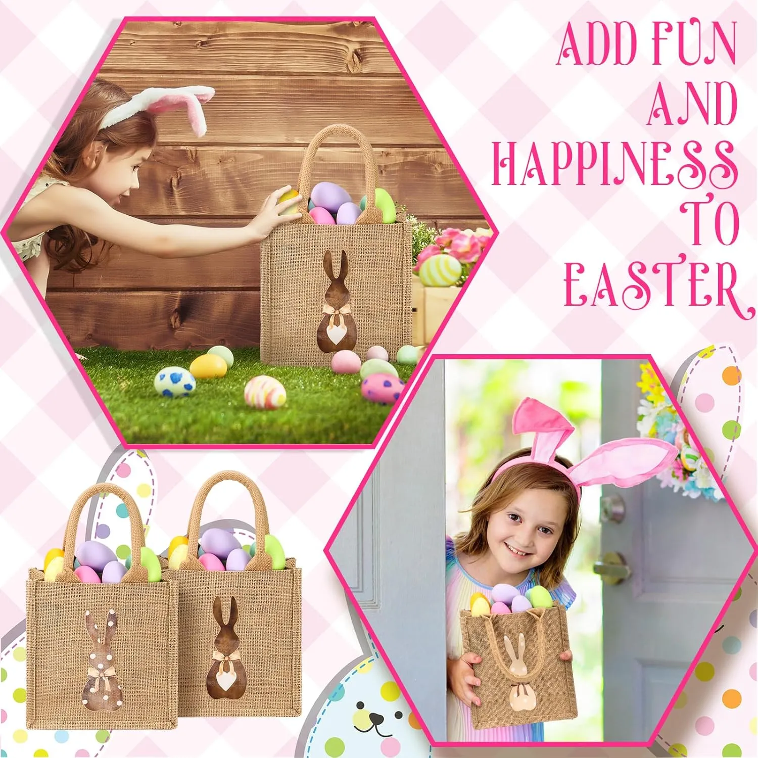 SilTriangle 3 Pcs Easter Burlap Bags Bunny Easter Basket Essentials Spring Egg Hunts Candy Gift Tote Bag for Kids Boys Girls Eggs Candy Hunting Carrying Daily Use(Plain Colors)