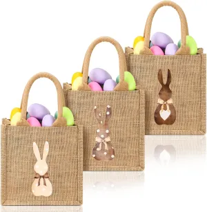 SilTriangle 3 Pcs Easter Burlap Bags Bunny Easter Basket Essentials Spring Egg Hunts Candy Gift Tote Bag for Kids Boys Girls Eggs Candy Hunting Carrying Daily Use(Plain Colors)