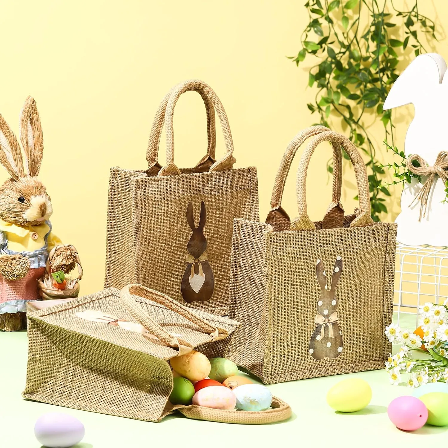 SilTriangle 3 Pcs Easter Burlap Bags Bunny Easter Basket Essentials Spring Egg Hunts Candy Gift Tote Bag for Kids Boys Girls Eggs Candy Hunting Carrying Daily Use(Plain Colors)