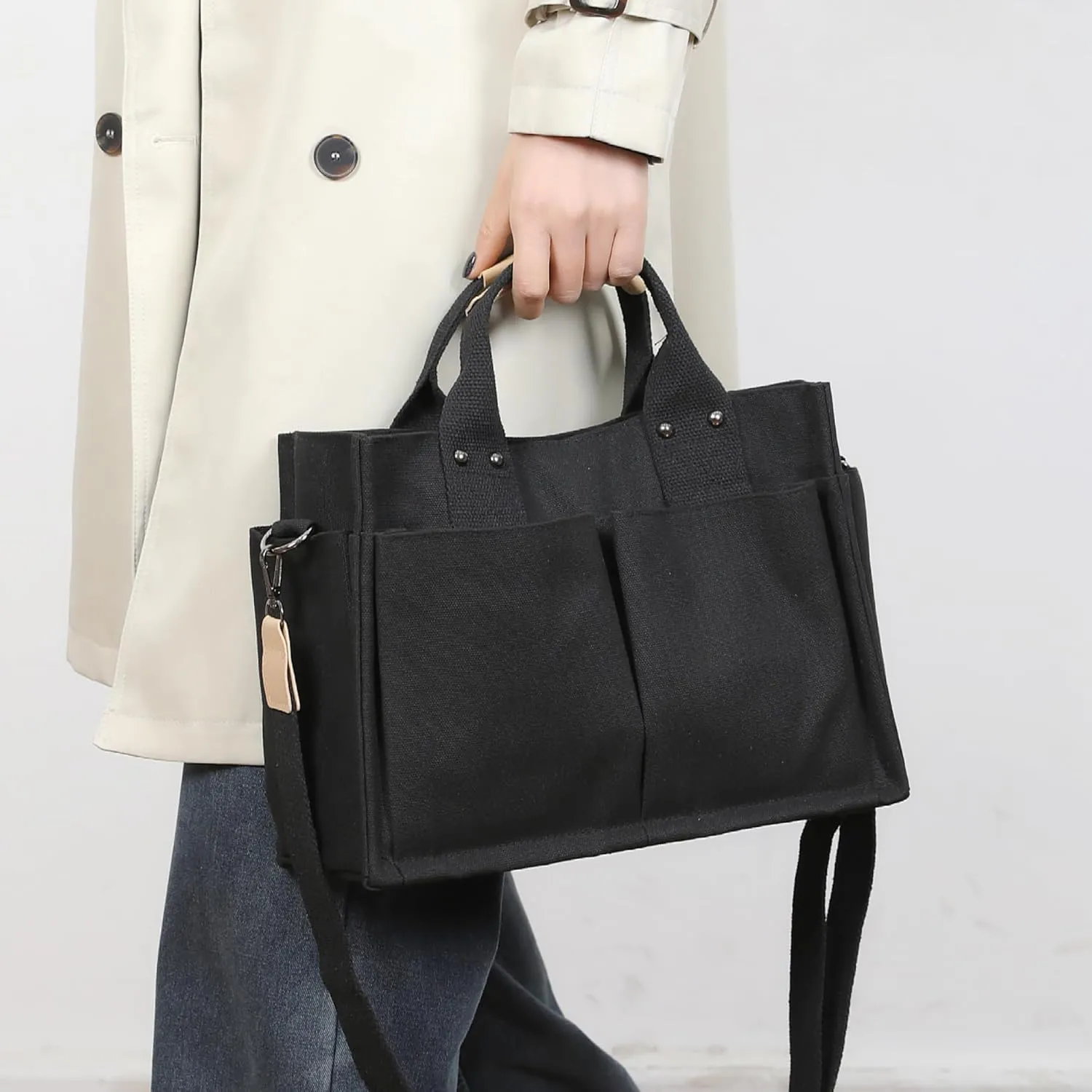 Simple and Fashionable Multi Pocket Canvas Tote Bags for Women