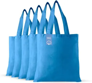 Simply Green Solutions Reusable Cotton Cloth Grocery Craft Bag, 15 x 16 Reusable Tote with Handle, Pack of 5, Sapphire Blue