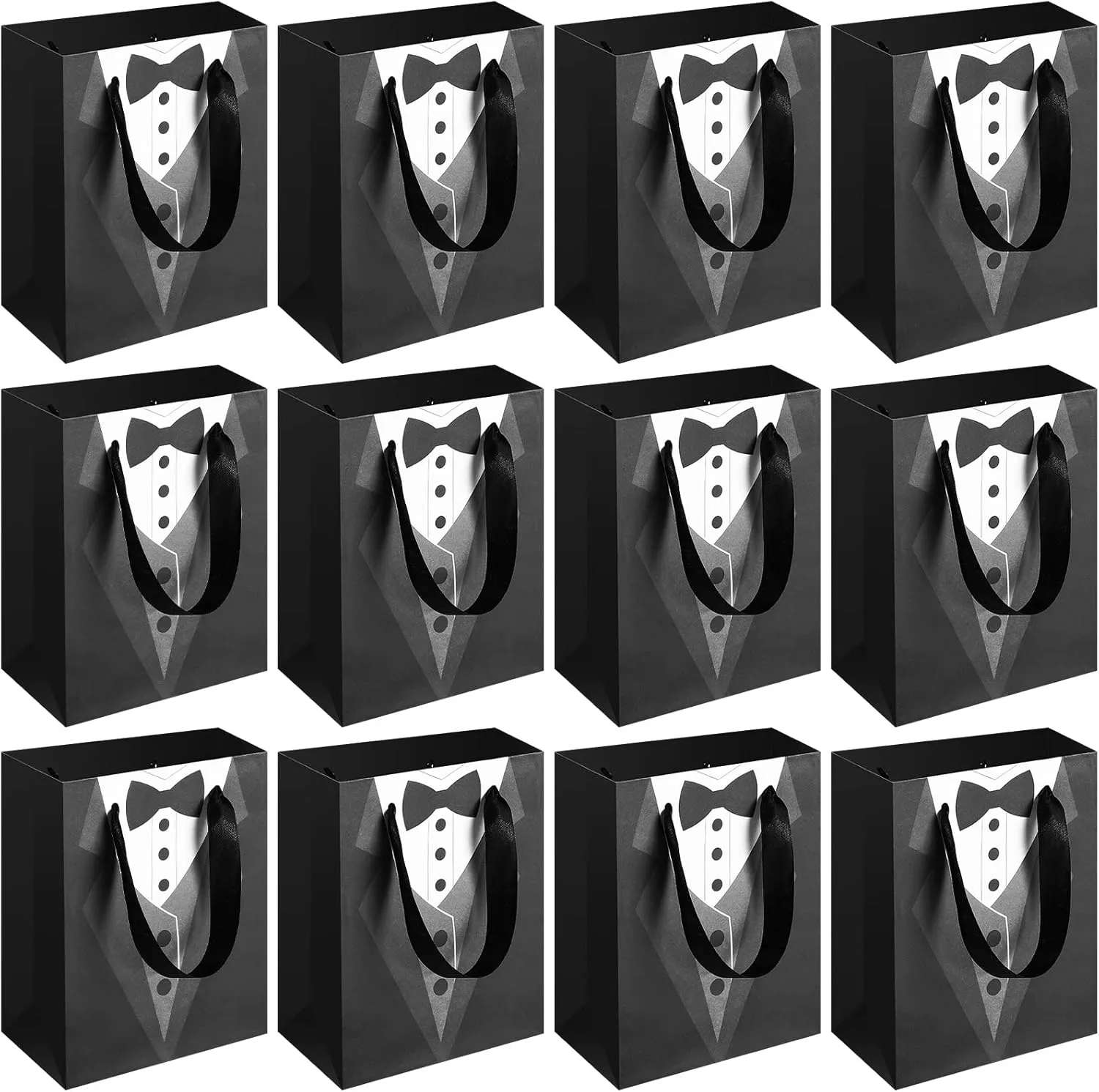 Sinmoe 24 Pieces 7 Inches Groomsmen Gift Bags Tuxedo Treat Bags Wedding Party Favor Black Tie Shirt Pattern Paper Present Bags for Wedding Father's Birthday Anniversary Goodies Treats
