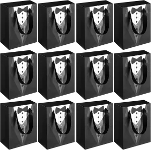 Sinmoe 24 Pieces 7 Inches Groomsmen Gift Bags Tuxedo Treat Bags Wedding Party Favor Black Tie Shirt Pattern Paper Present Bags for Wedding Father's Birthday Anniversary Goodies Treats