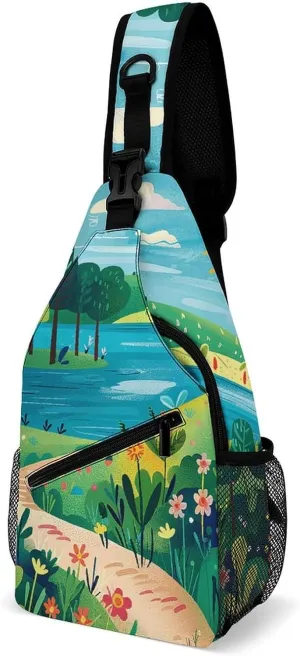 Sling Backpack Crossbody for Man Woman Rural Landscape Painting Cross Body Adjustable Chest Bag
